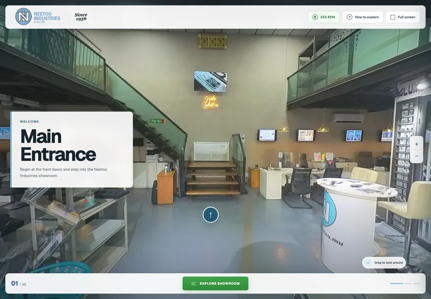 The live Neetoo virtual showroom interface showing the main entrance, panoramic view and navigation controls