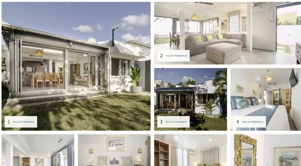 A crop of the live gallery interface showing the villa exterior, living room and bedrooms in a varied photo grid.