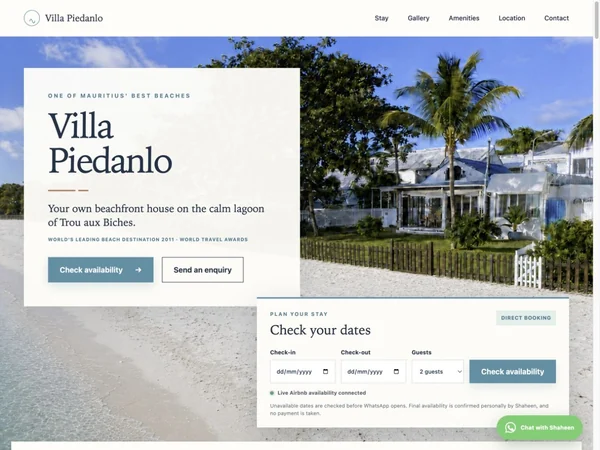 The actual Villa Piedanlo website, showing property photography and the date enquiry form.